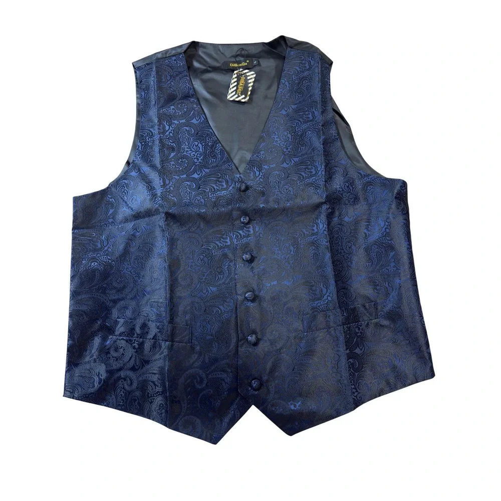 DiBanGu Paisley‎ Vest Set Mens L Blue Silk 6PC Tie Bowtie Pocket Square Formal